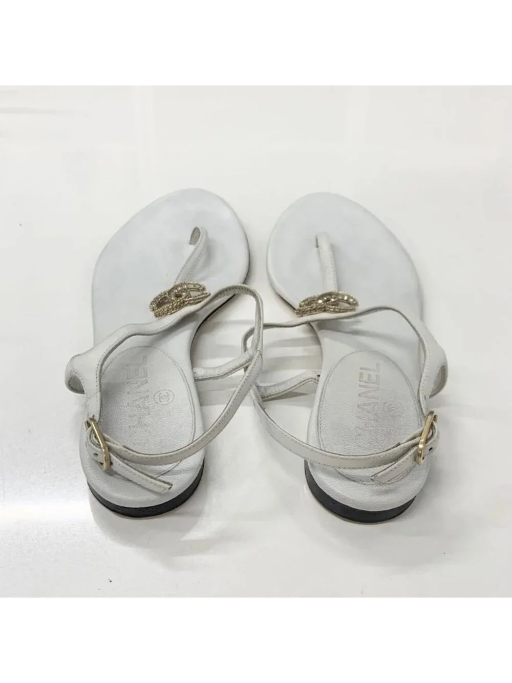 Chanel CC Logo Leather Line Stone Strap Thong Sandals